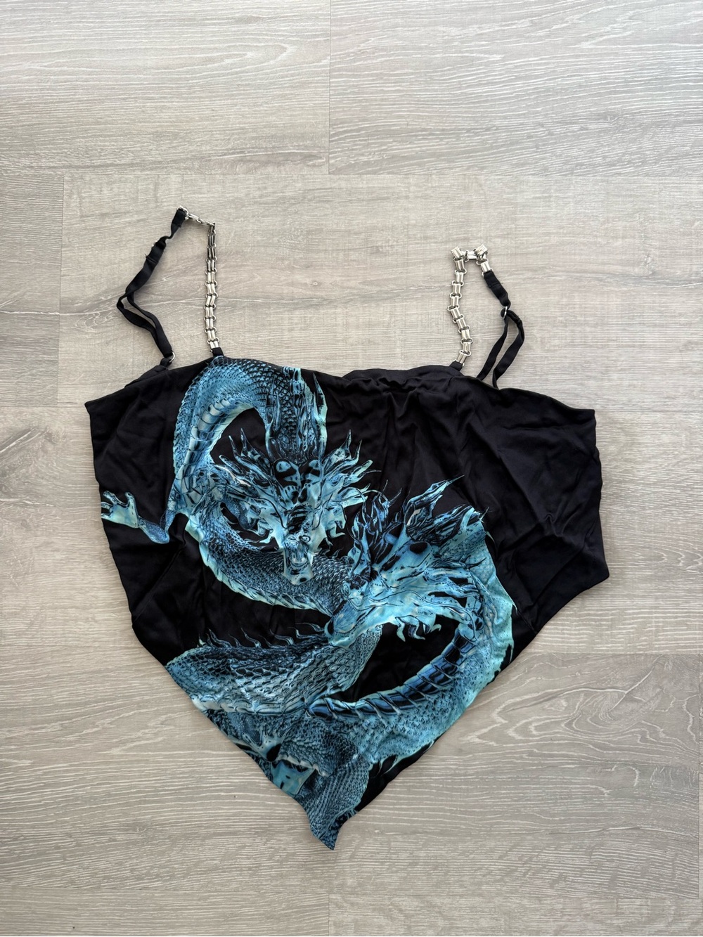 MISBHV Black Scarf Top with Blue Dragon Graphic and Chain Straps